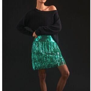 Anthropologie Maeve Tiered Fringe Sequin Skirt Green Size 2 NWT